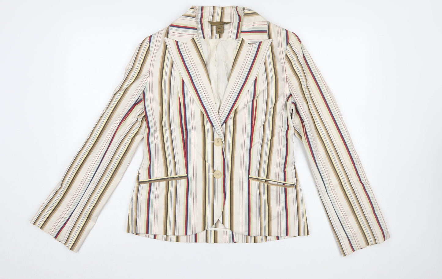 H&M Women Beige Multicoloured Striped Blazer UK 10 Two-Button Cotton Blend