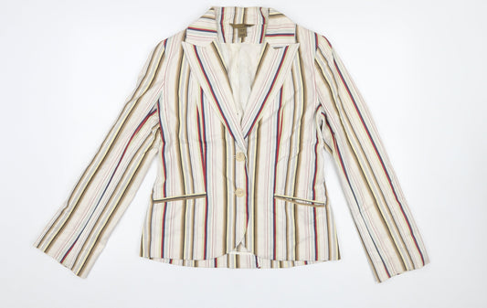 H&M Women Beige Multicoloured Striped Blazer UK 10 Two-Button Cotton Blend