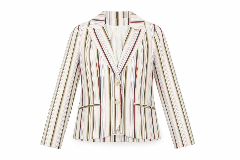 H&M Women Beige Multicoloured Striped Blazer UK 10 Two-Button Cotton Blend