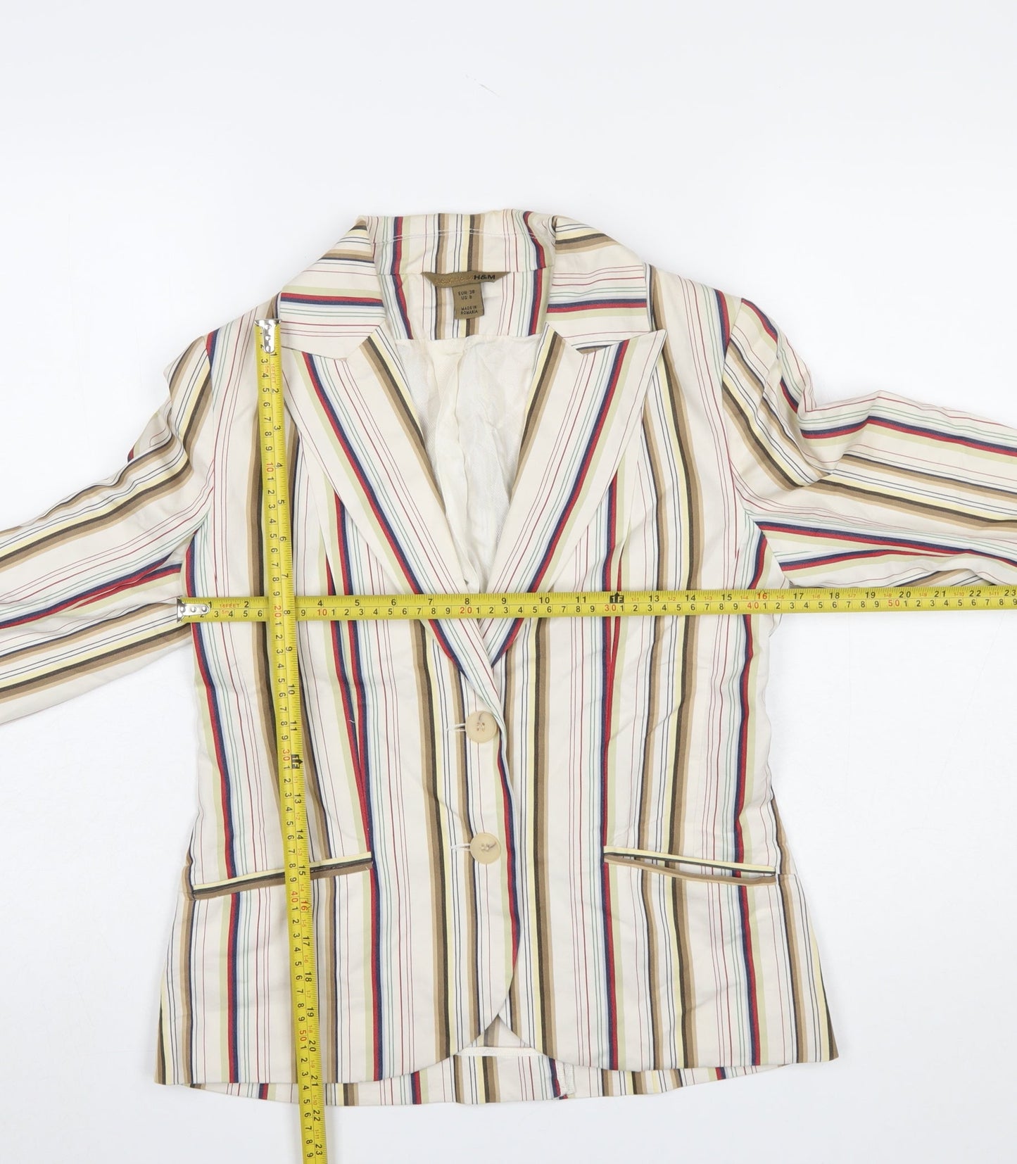 H&M Women Beige Multicoloured Striped Blazer UK 10 Two-Button Cotton Blend