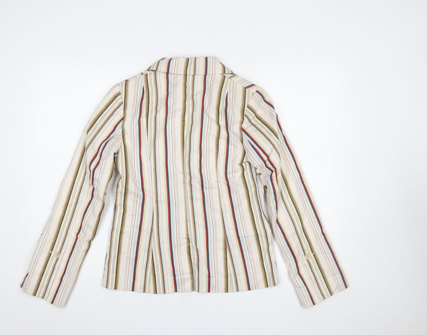 H&M Women Beige Multicoloured Striped Blazer UK 10 Two-Button Cotton Blend