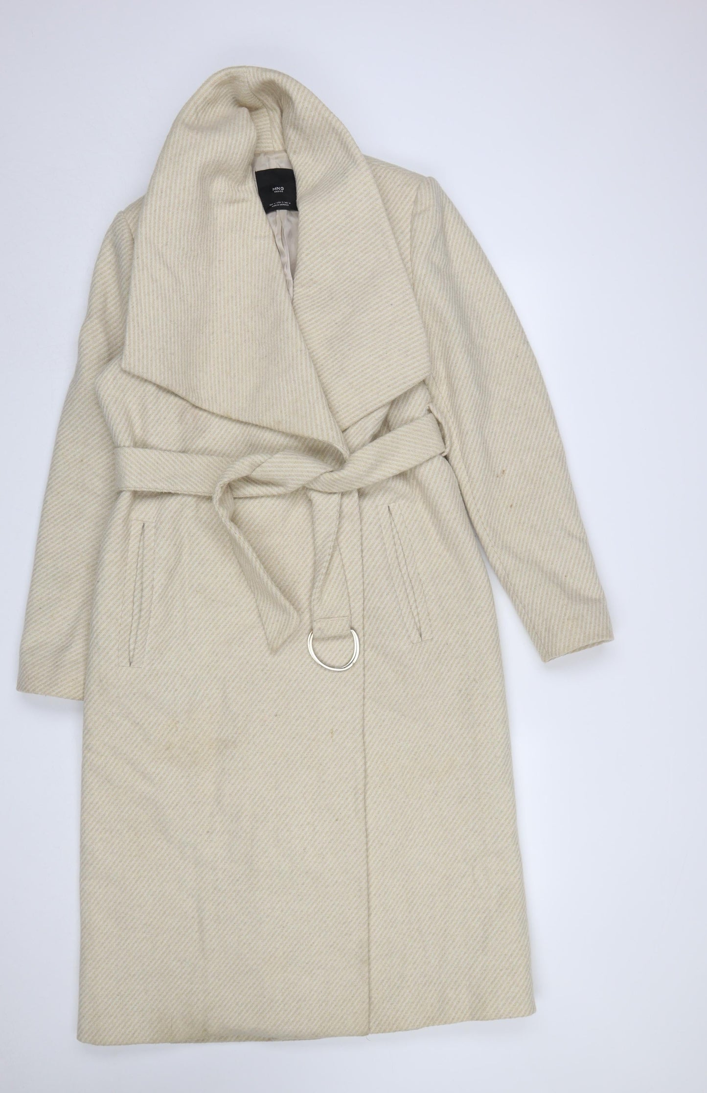 MNG Womens Beige Wool Blend Long Belted Overcoat Size 12