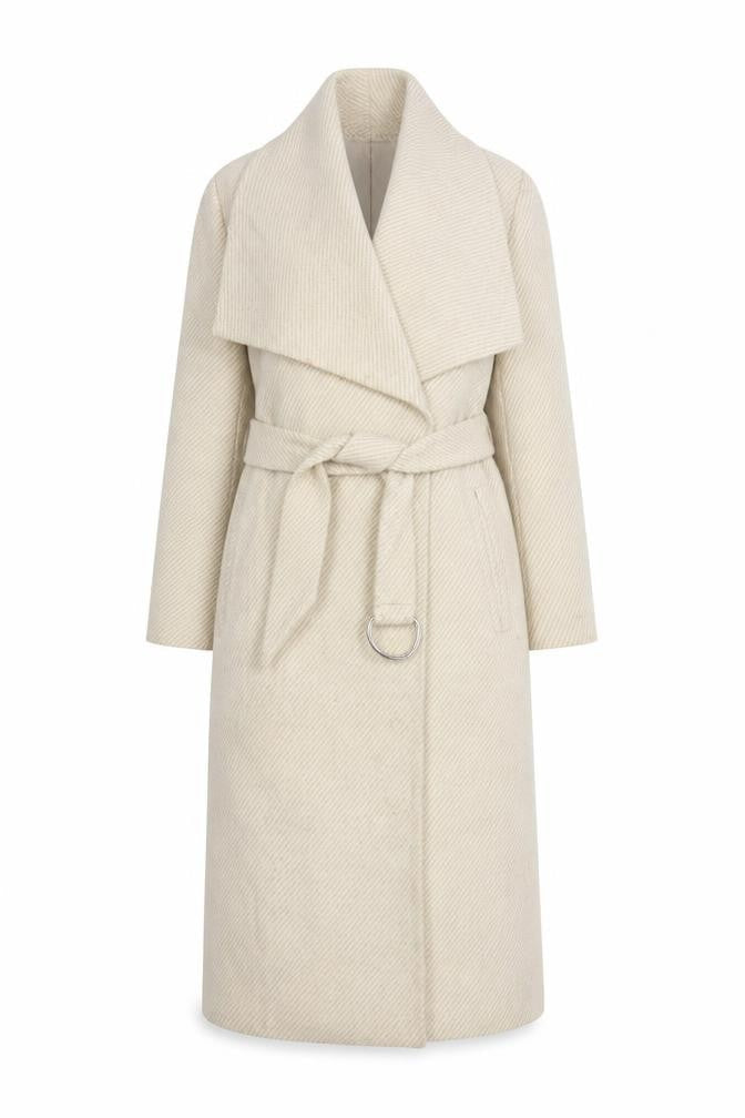 Mango Womens Beige Wool Blend Long Belted Overcoat Size 12