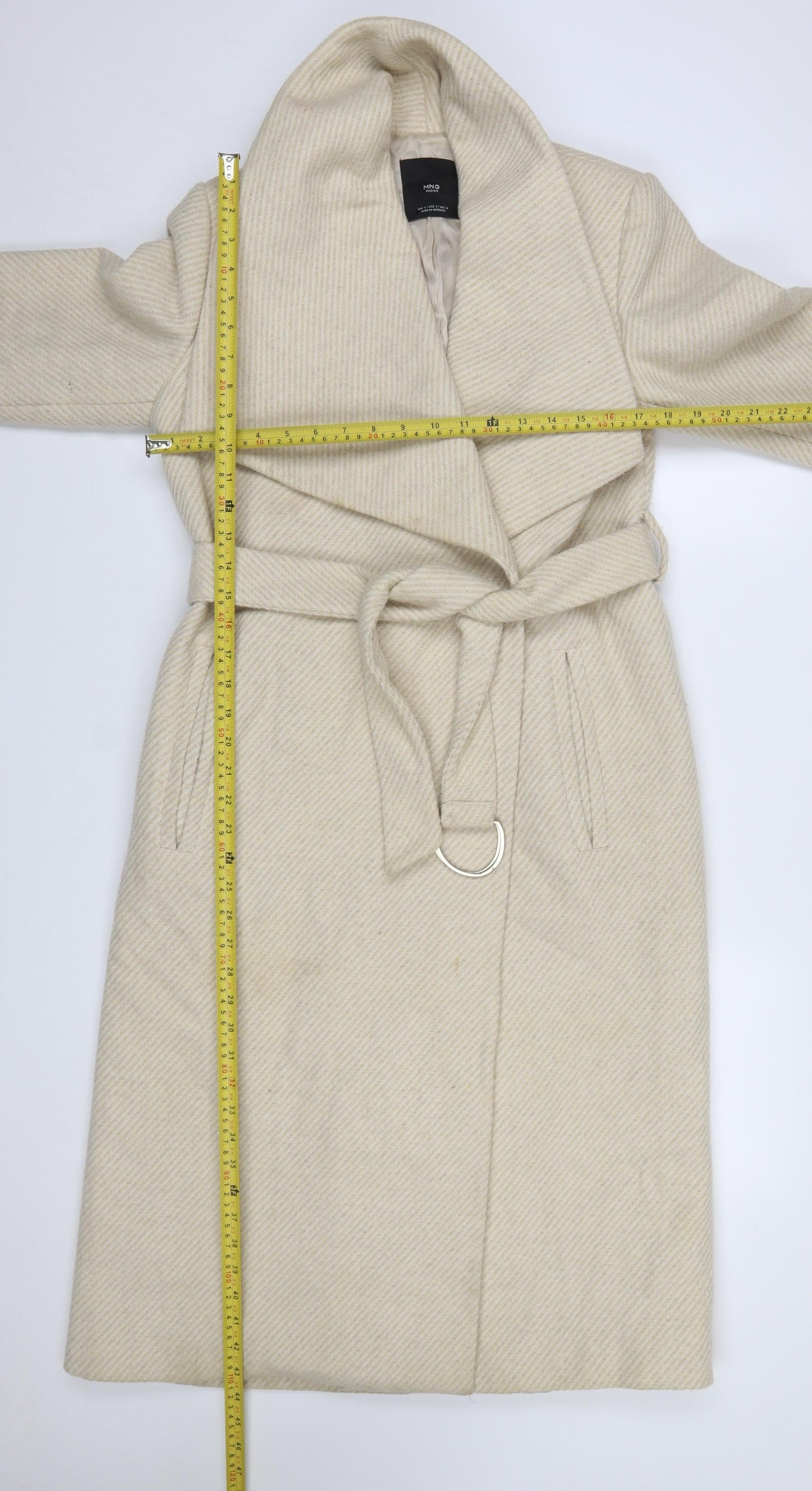 MNG Womens Beige Wool Blend Long Belted Overcoat Size 12