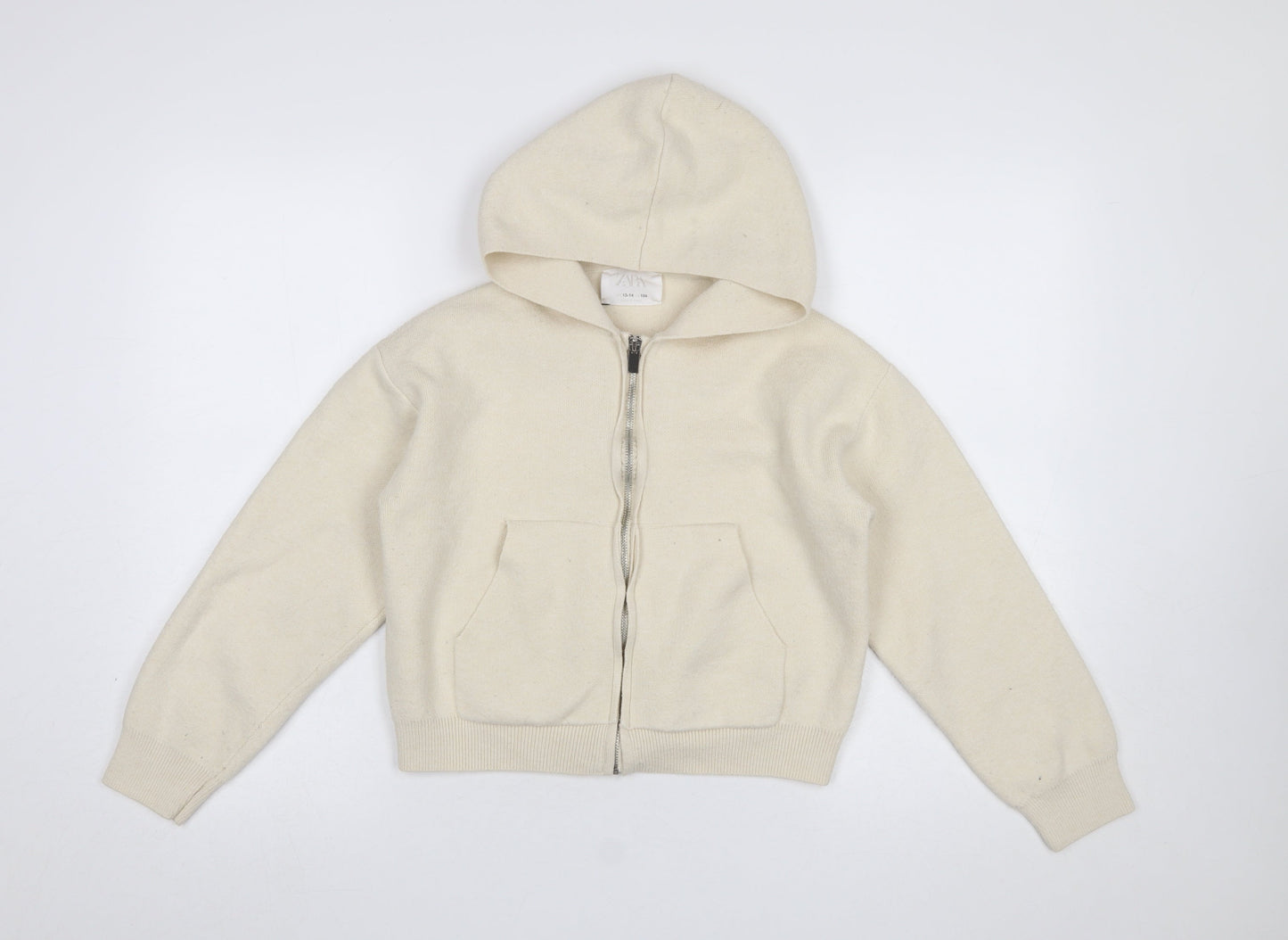 ZARA Girls Beige Full Zip Hooded Cardigan Size 13-14 Years Knit Jumper