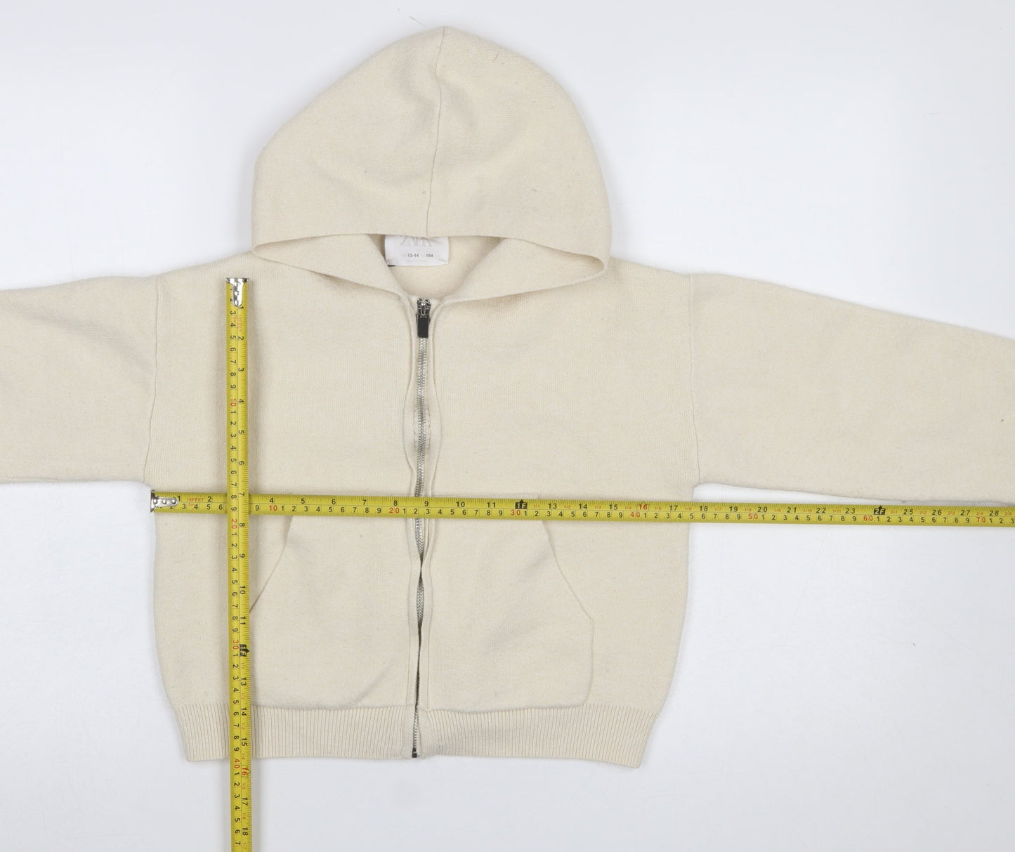 ZARA Girls Beige Full Zip Hooded Cardigan Size 13-14 Years Knit Jumper