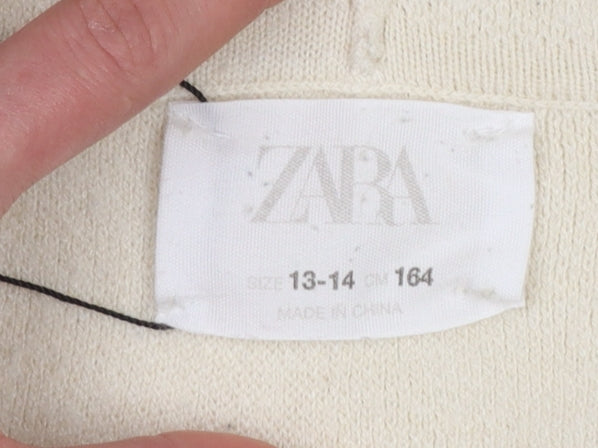 ZARA Girls Beige Full Zip Hooded Cardigan Size 13-14 Years Knit Jumper