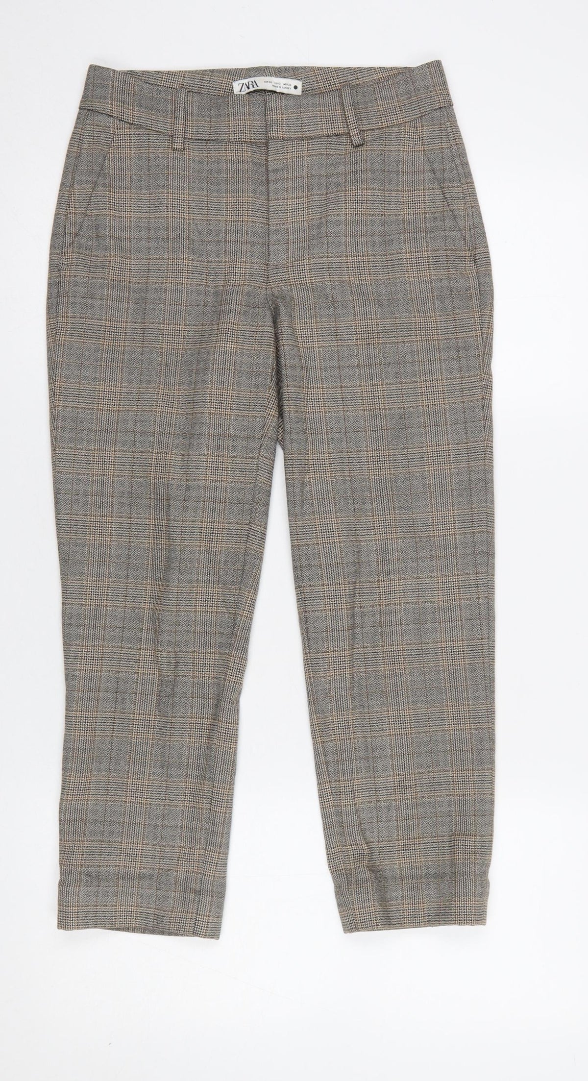 Zara Women Brown Check Cropped Slim Fit Trousers Size 6