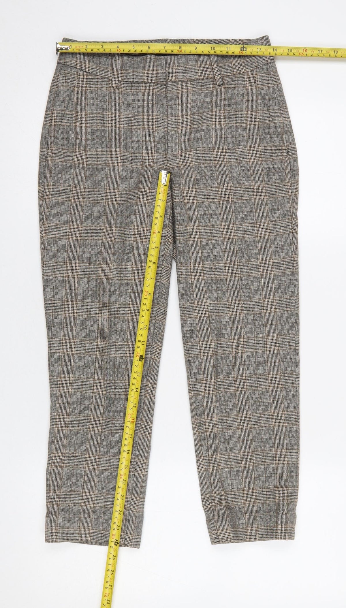 Zara Women Brown Check Cropped Slim Fit Trousers Size 6