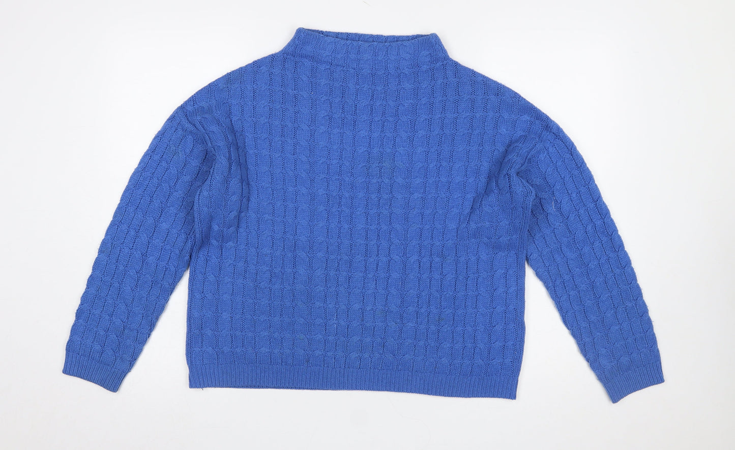 MNG Women’s Blue Cable Knit Mock Neck Cotton Blend Jumper Size 12