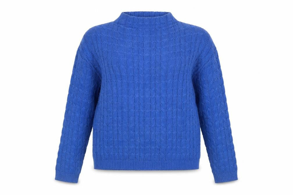 Mango Women’s Blue Cable Knit Mock Neck Cotton Blend Jumper Size 12