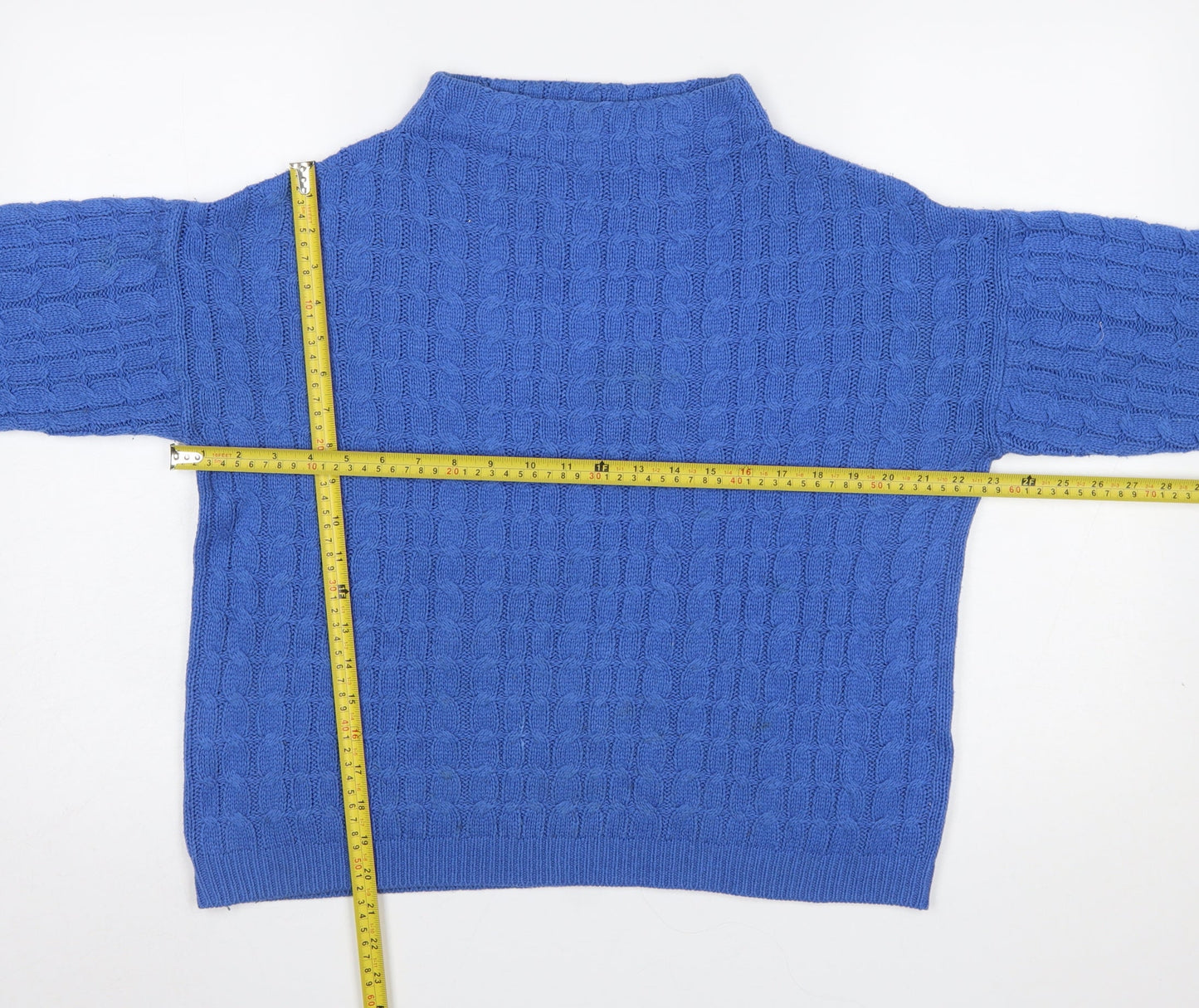 MNG Women’s Blue Cable Knit Mock Neck Cotton Blend Jumper Size 12
