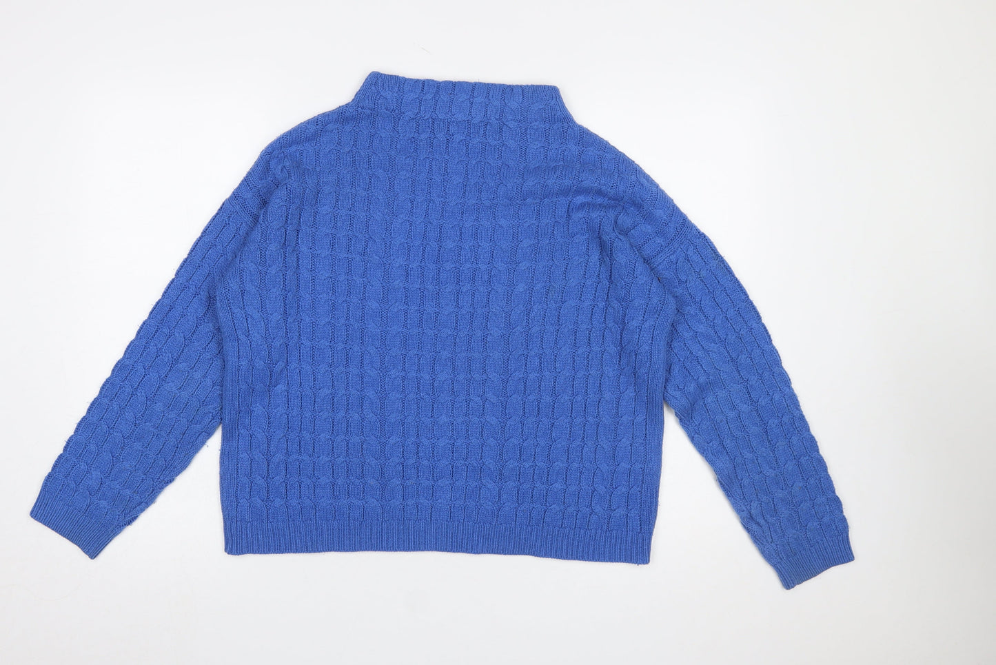 MNG Women’s Blue Cable Knit Mock Neck Cotton Blend Jumper Size 12