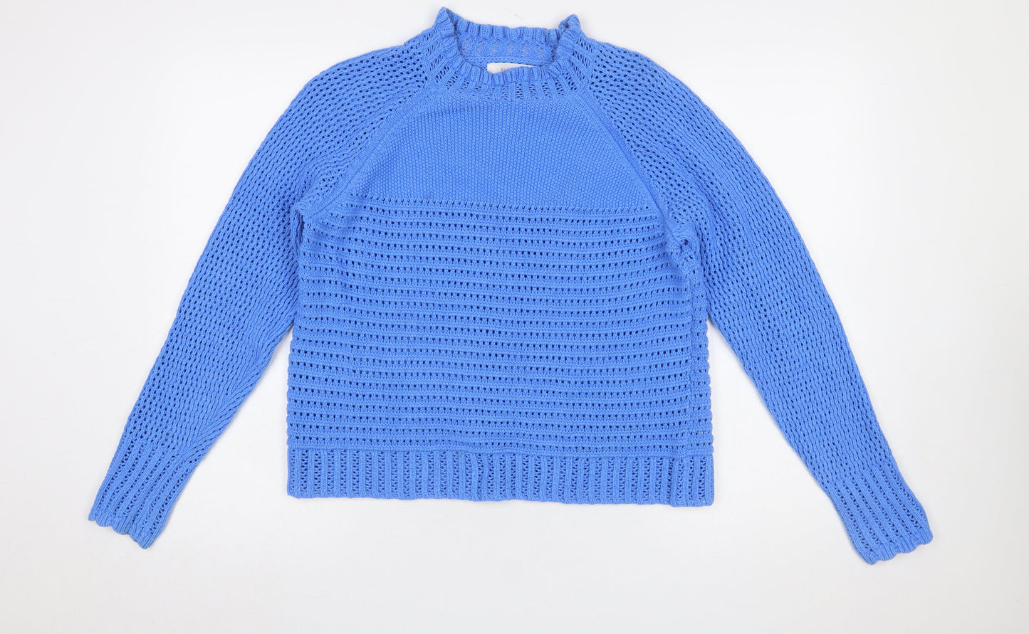 Marks and Spencer Women Blue Open-Knit High Neck Cotton Jumper Size 14