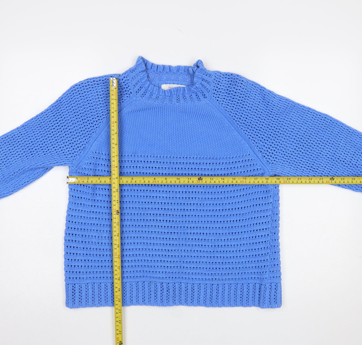 Marks and Spencer Women Blue Open-Knit High Neck Cotton Jumper Size 14