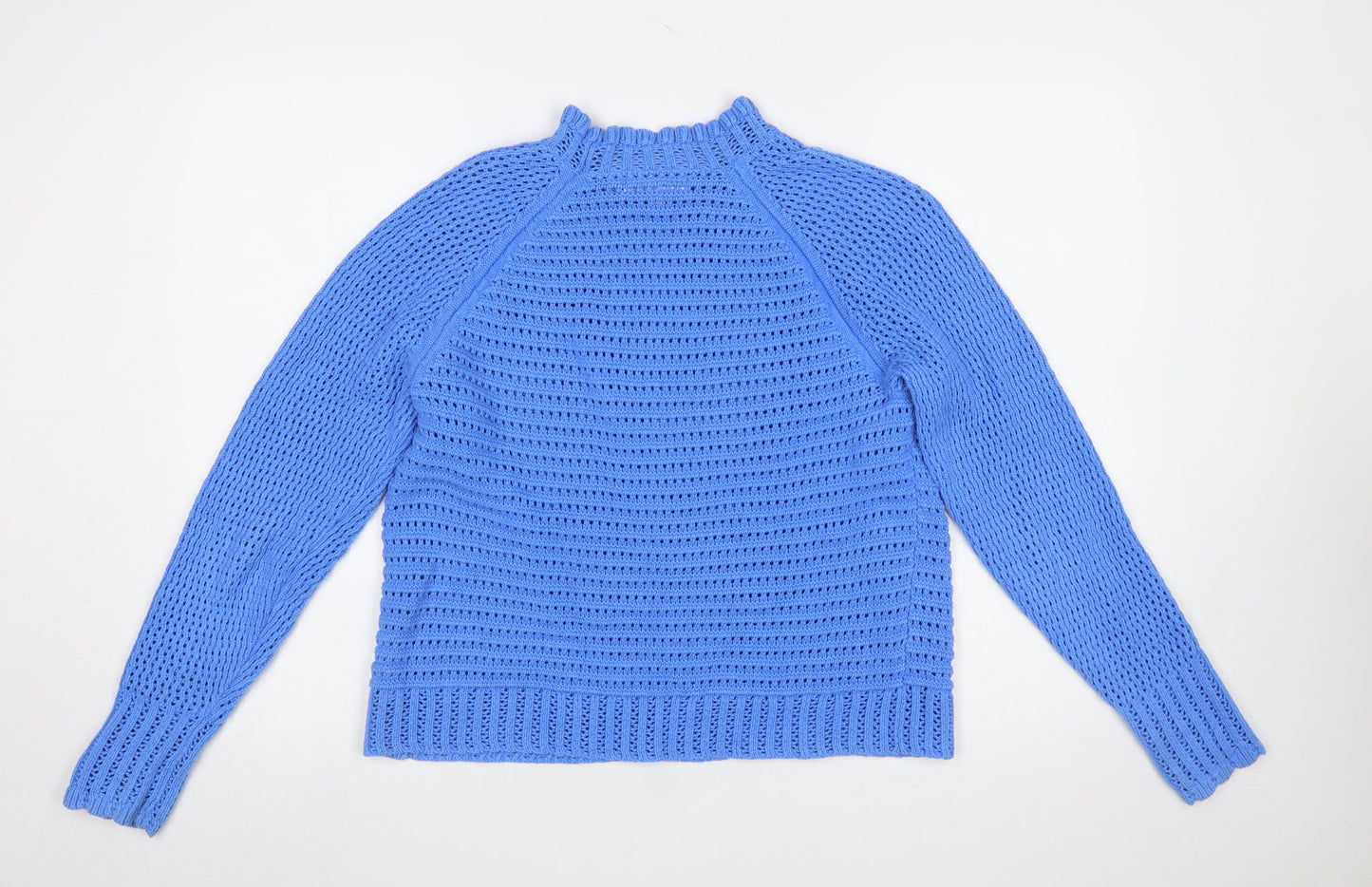 Marks and Spencer Women Blue Open-Knit High Neck Cotton Jumper Size 14
