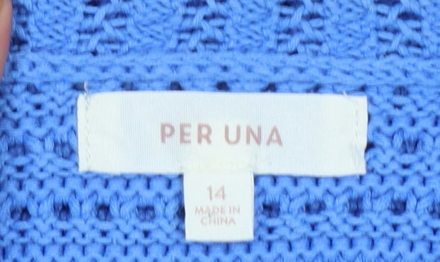 Marks and Spencer Women Blue Open-Knit High Neck Cotton Jumper Size 14