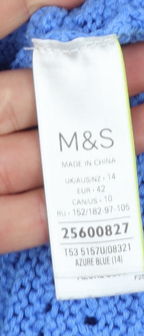 Marks and Spencer Women Blue Open-Knit High Neck Cotton Jumper Size 14