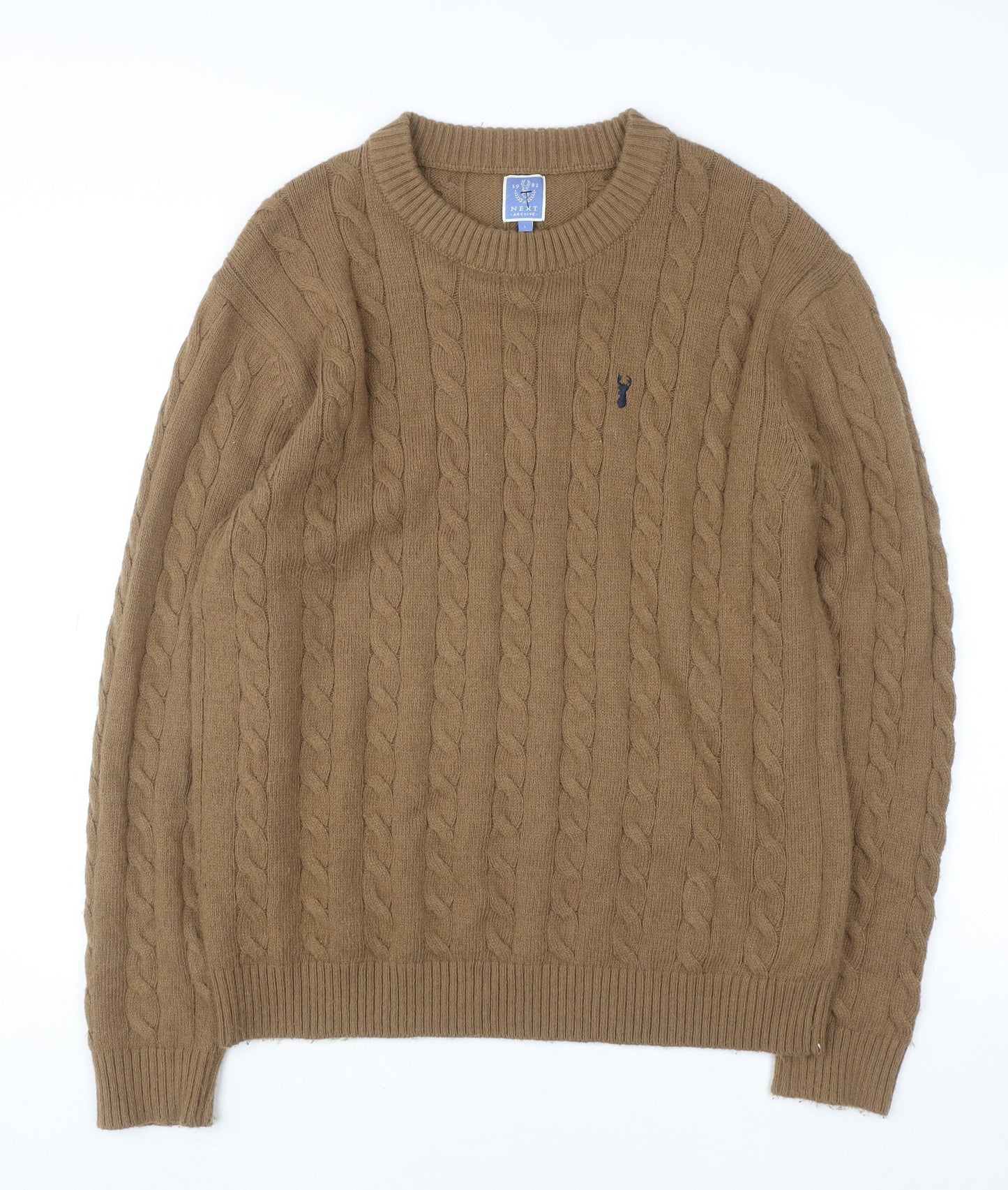 Next Men Brown Cable-Knit Crew Neck Jumper L Wool Blend Pullover