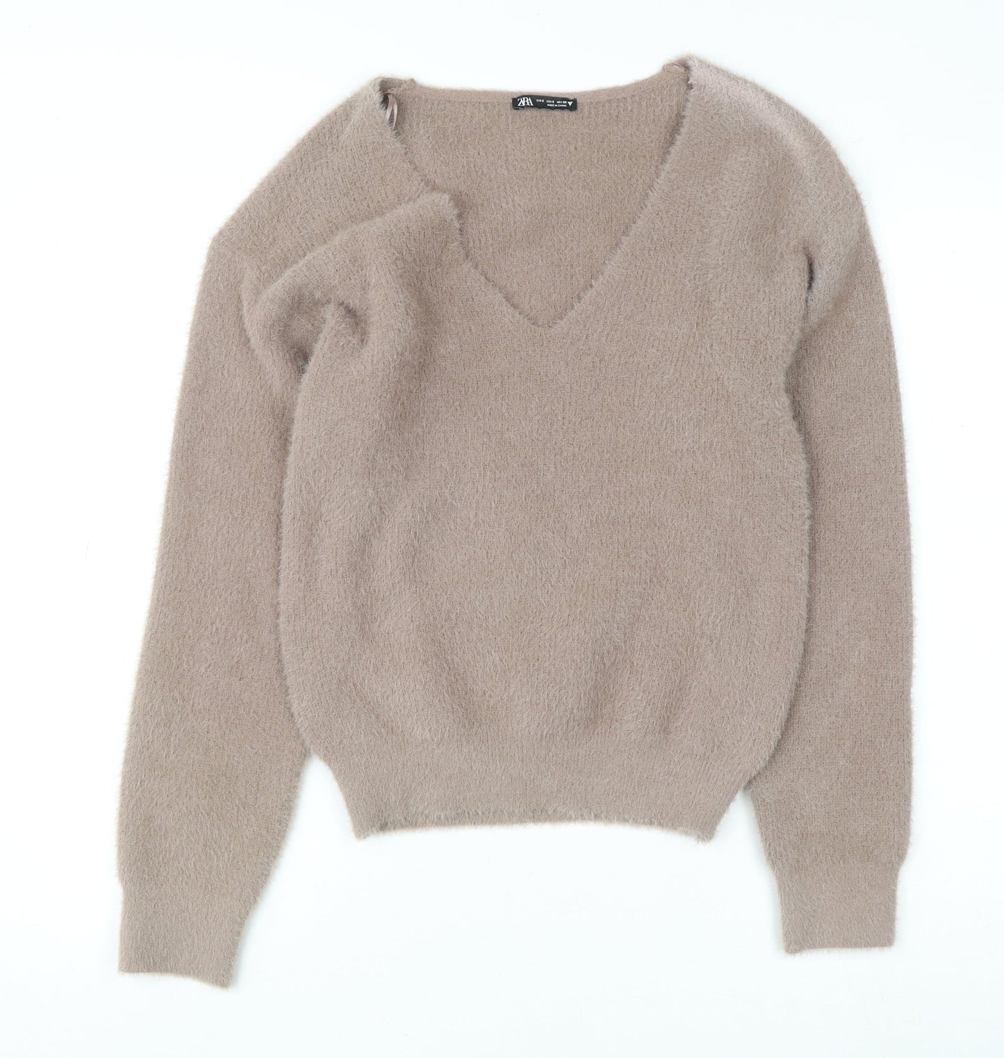 Zara Women Beige V-Neck Long Sleeve Knit Pullover Jumper Size S