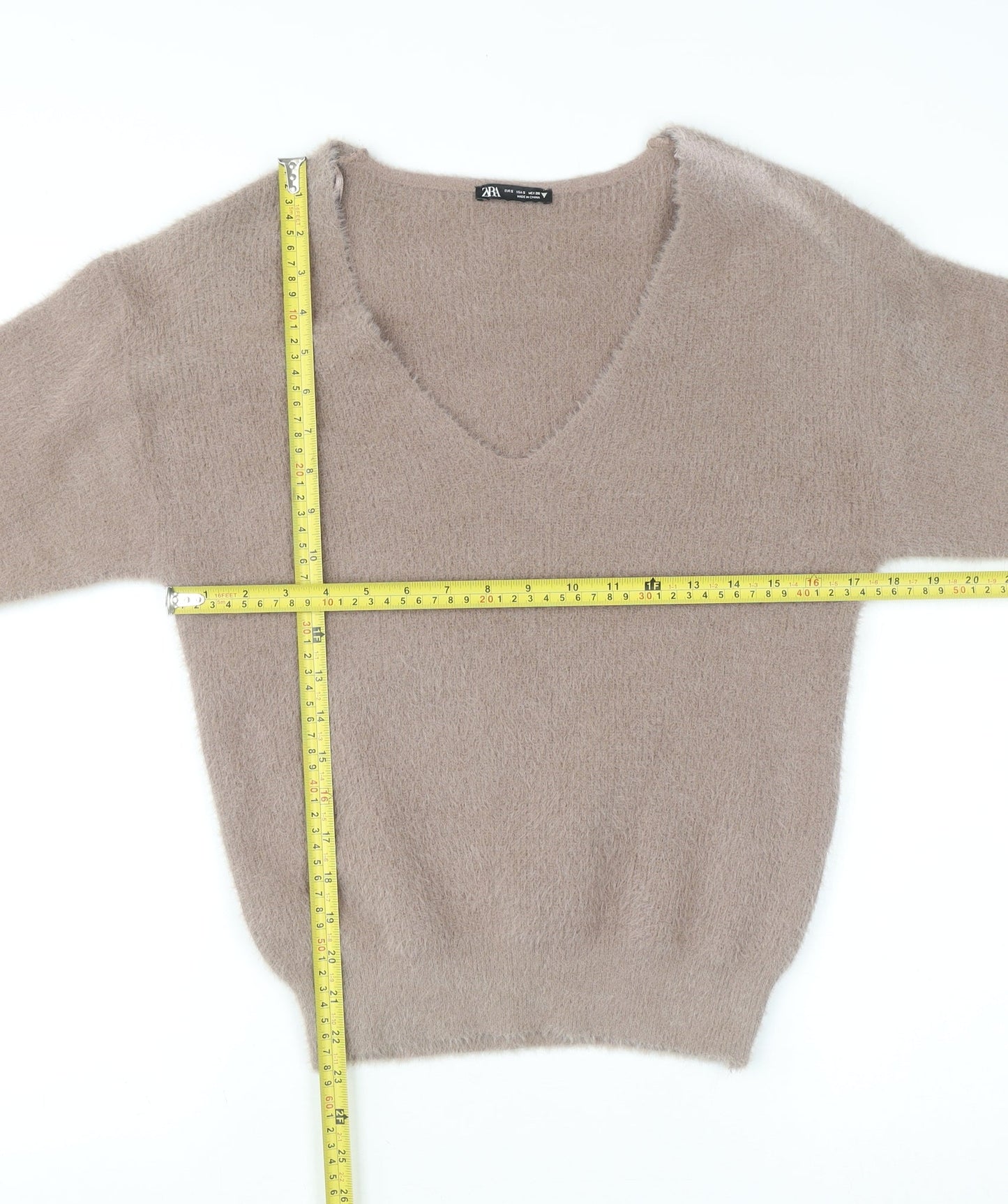 Zara Women Beige V-Neck Long Sleeve Knit Pullover Jumper Size S
