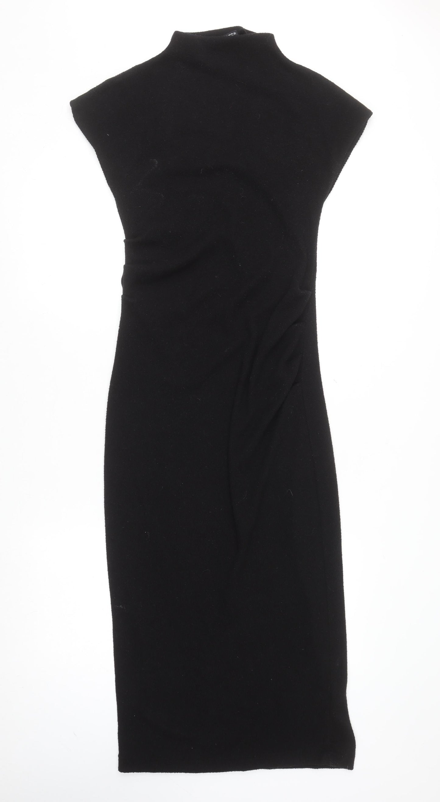 Zara Women Black Bodycon Knit Midi Dress Size 8 High Neck