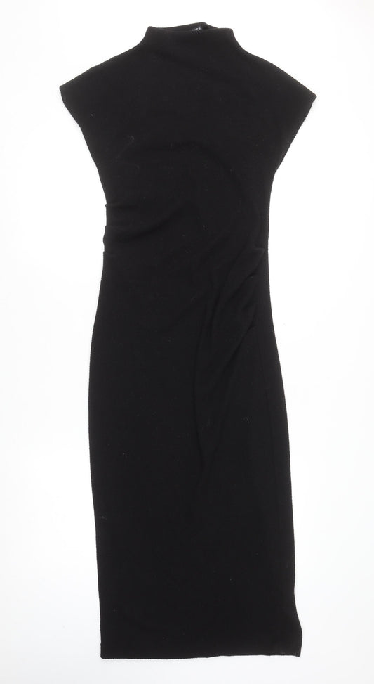 Zara Women Black Bodycon Knit Midi Dress Size 8 High Neck