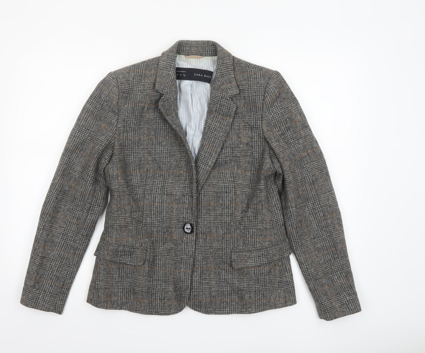 Zara Basic Womens Grey Checked Wool Blend Blazer Jacket Size L UK 12