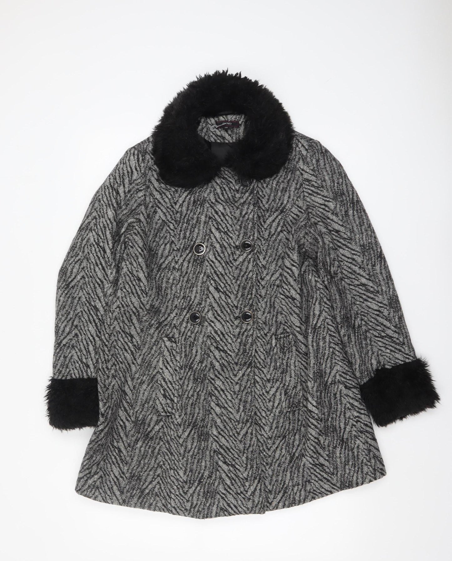 Therapy Women’s Grey Faux Fur Trim Herringbone Pea Coat Size 10