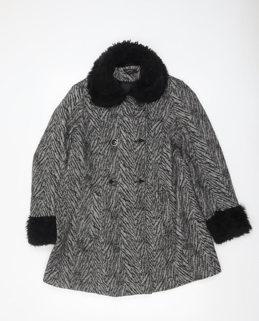 Therapy Women’s Grey Faux Fur Trim Herringbone Pea Coat Size 10