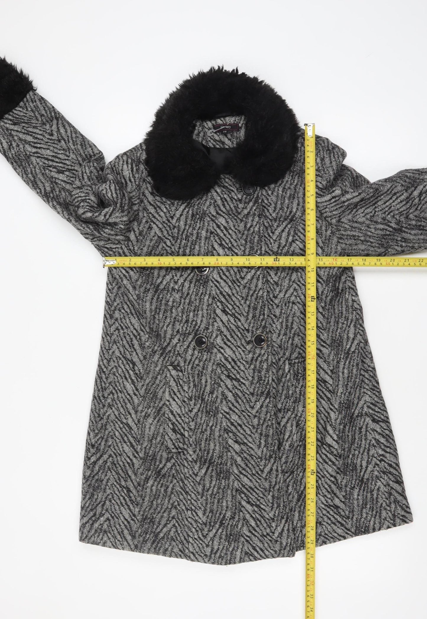 Therapy Women’s Grey Faux Fur Trim Herringbone Pea Coat Size 10