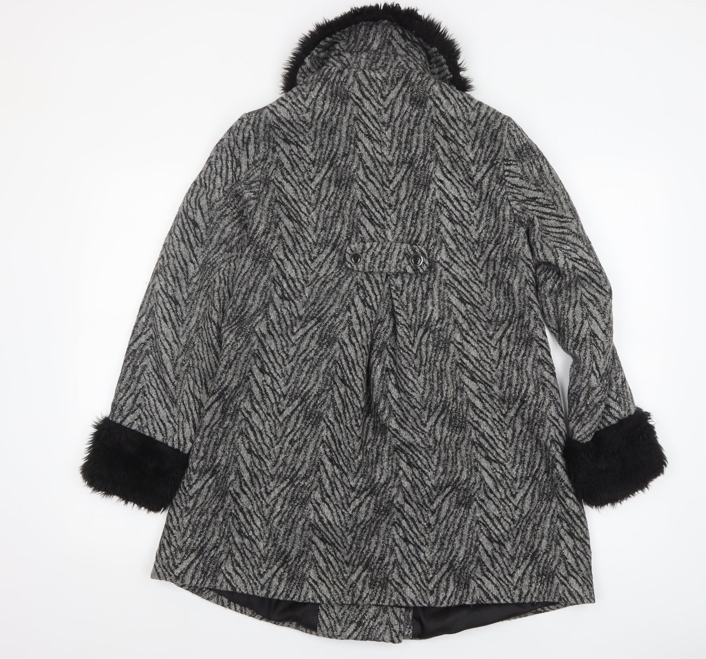 Therapy Women’s Grey Faux Fur Trim Herringbone Pea Coat Size 10