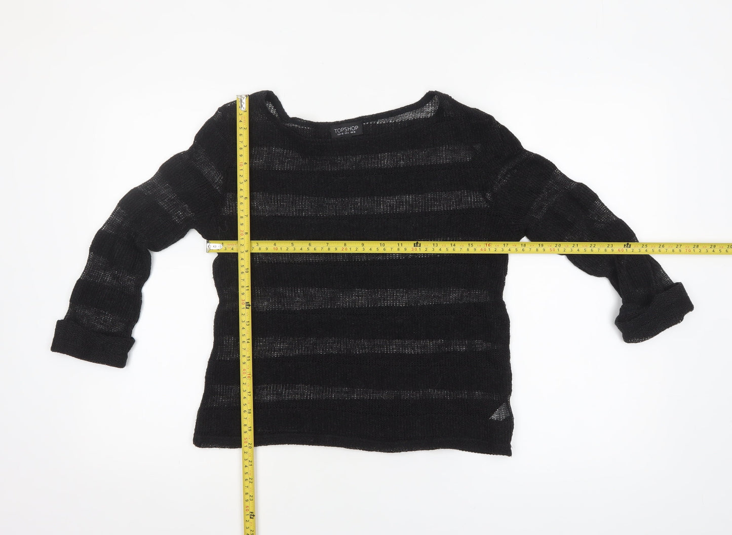 Topshop Women's Black Open-Knit Striped Jumper Size 10
