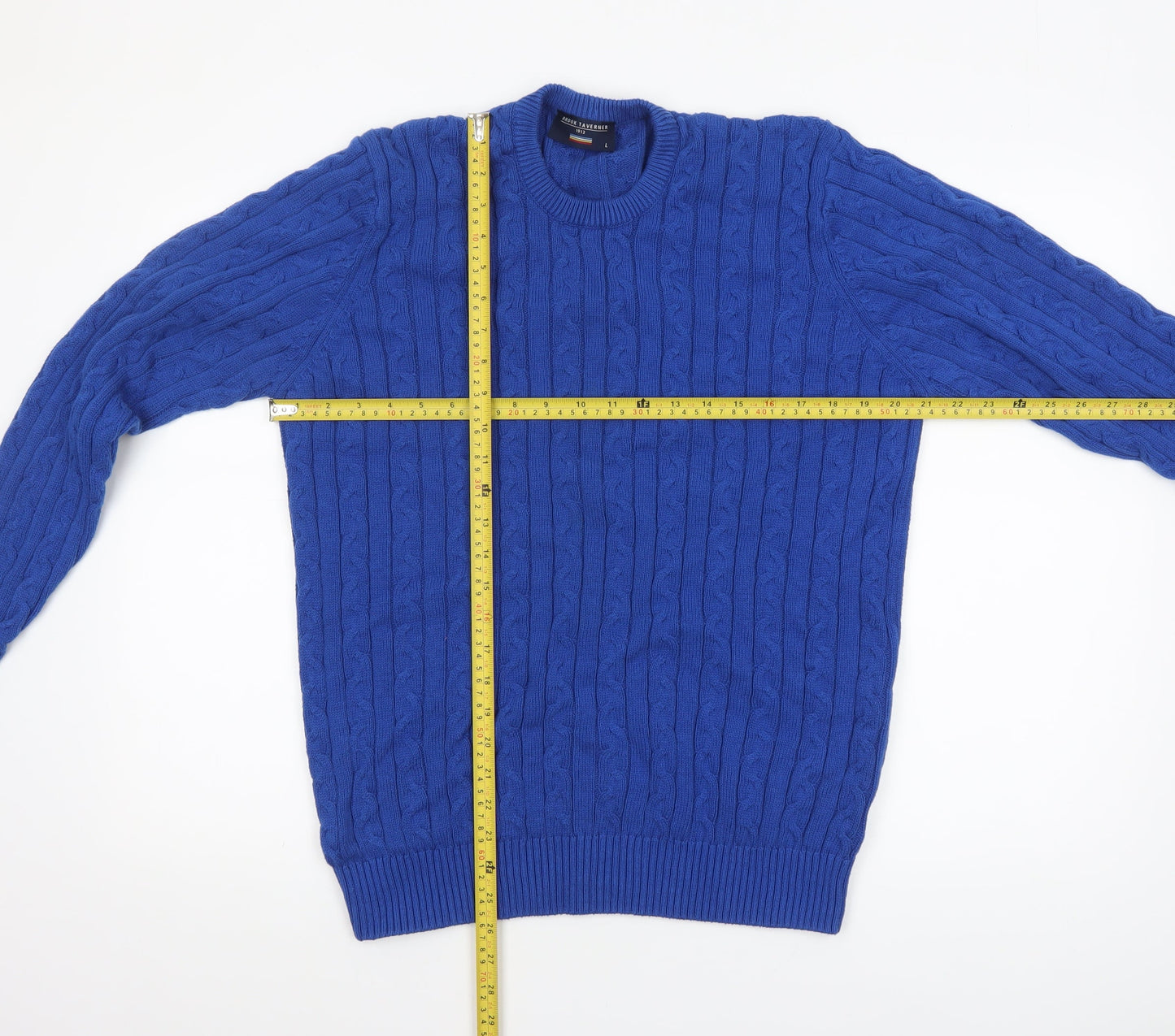 Brook Taverner Men's Blue Cotton Cable Knit Crew Neck Jumper L