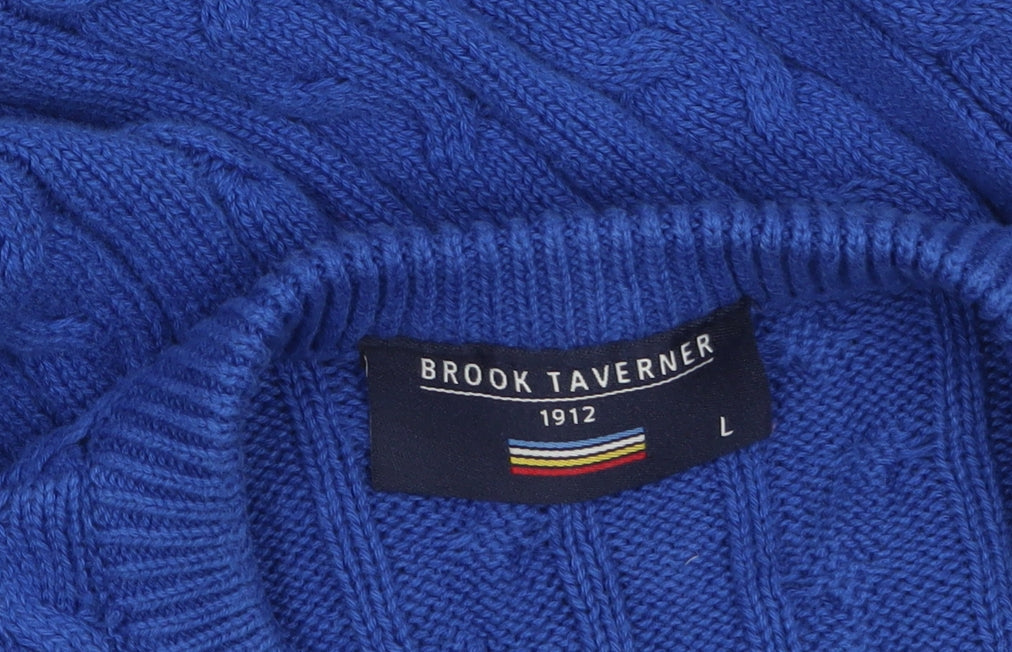 Brook Taverner Men's Blue Cotton Cable Knit Crew Neck Jumper L