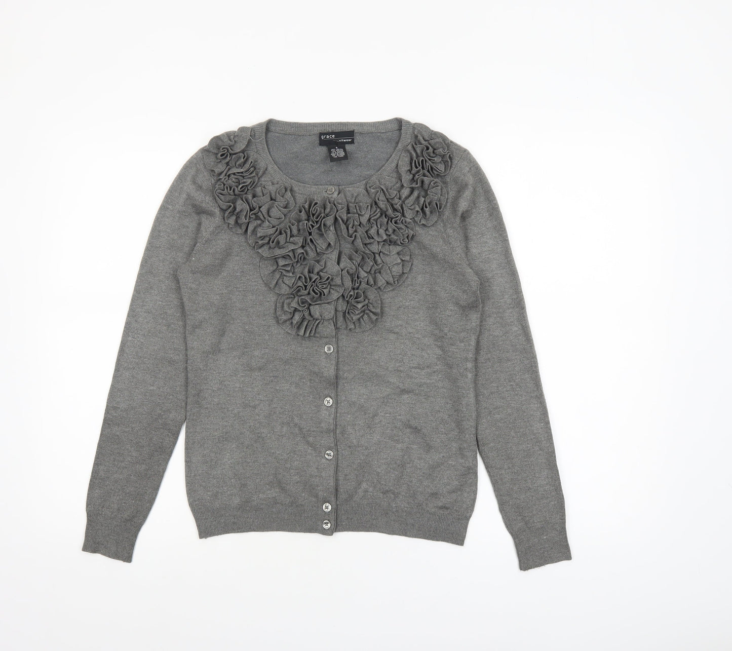 Grace Women Grey Ruffle Cardigan Small Long Sleeve Knitwear