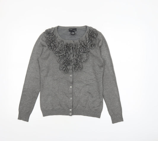 Grace Women Grey Ruffle Cardigan Small Long Sleeve Knitwear