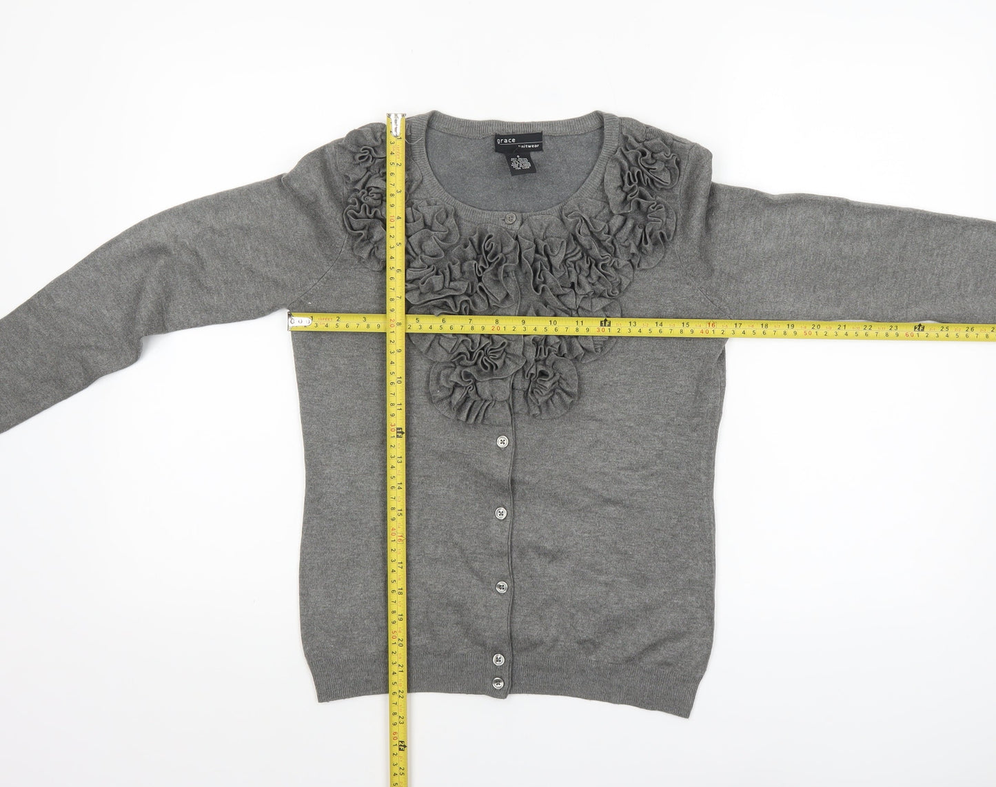 Grace Women Grey Ruffle Cardigan Small Long Sleeve Knitwear