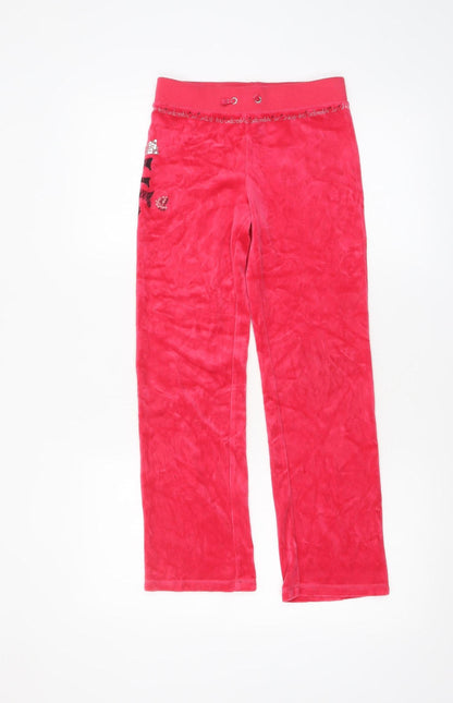 Additional front view of Juicy Couture girls’ red velour sweatpants age 8 years elastic waist