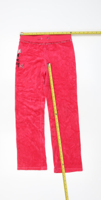 Back view of Juicy Couture girls’ red velour sweatpants age 8 years elastic waist
