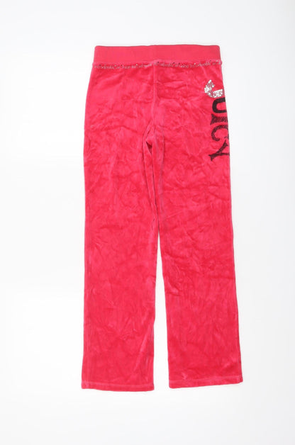 Close-up detail of Juicy Couture girls’ red velour sweatpants age 8 years elastic waist