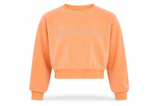Front view of Juicy Couture girls’ orange velour rhinestone logo pullover sweatshirt 8-9 years