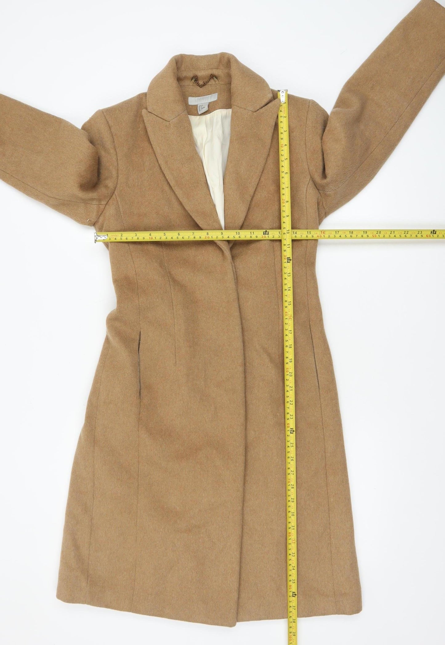 H&M Women's Beige Long Wool Blend Belted Overcoat Size 10