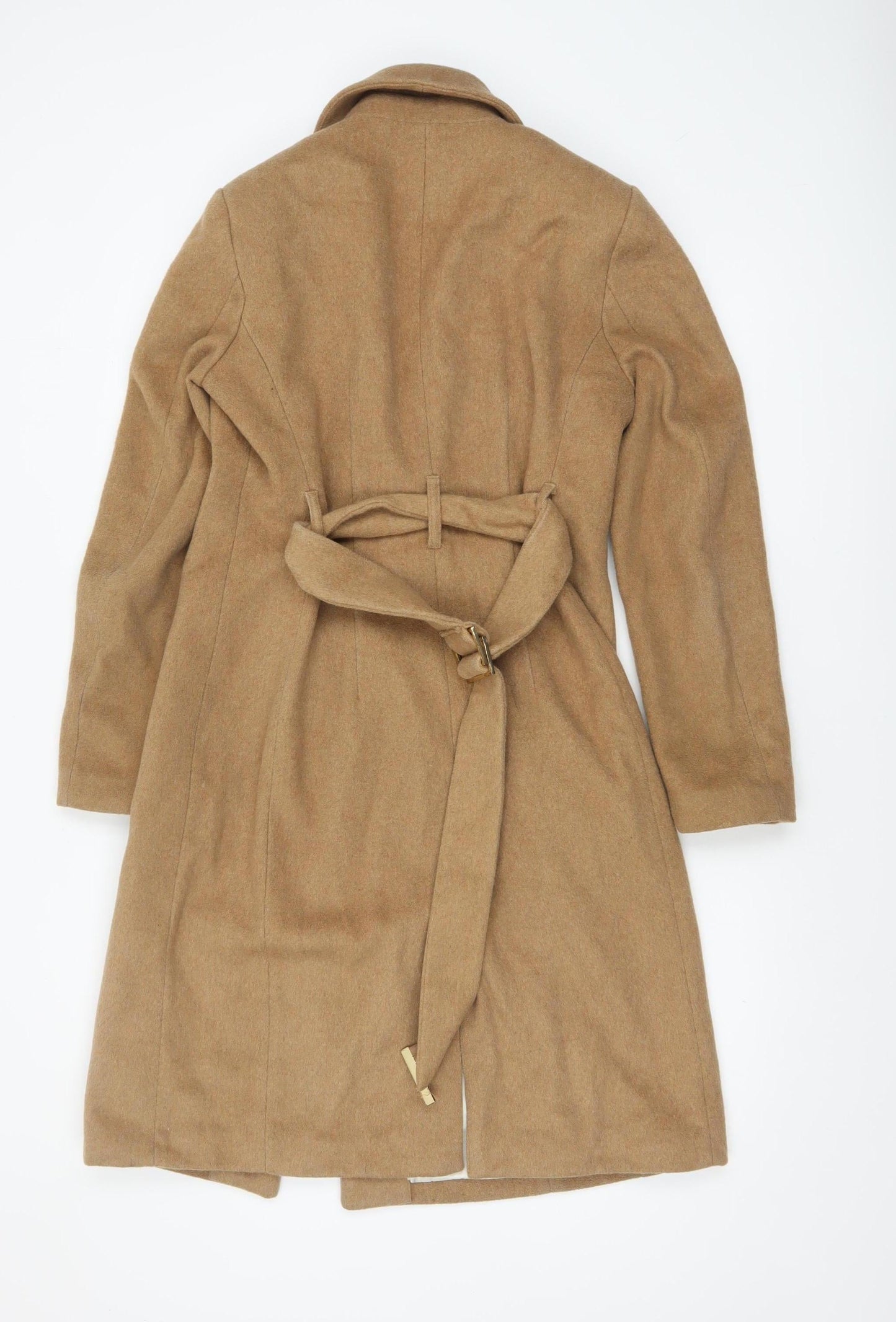 H&M Women's Beige Long Wool Blend Belted Overcoat Size 10