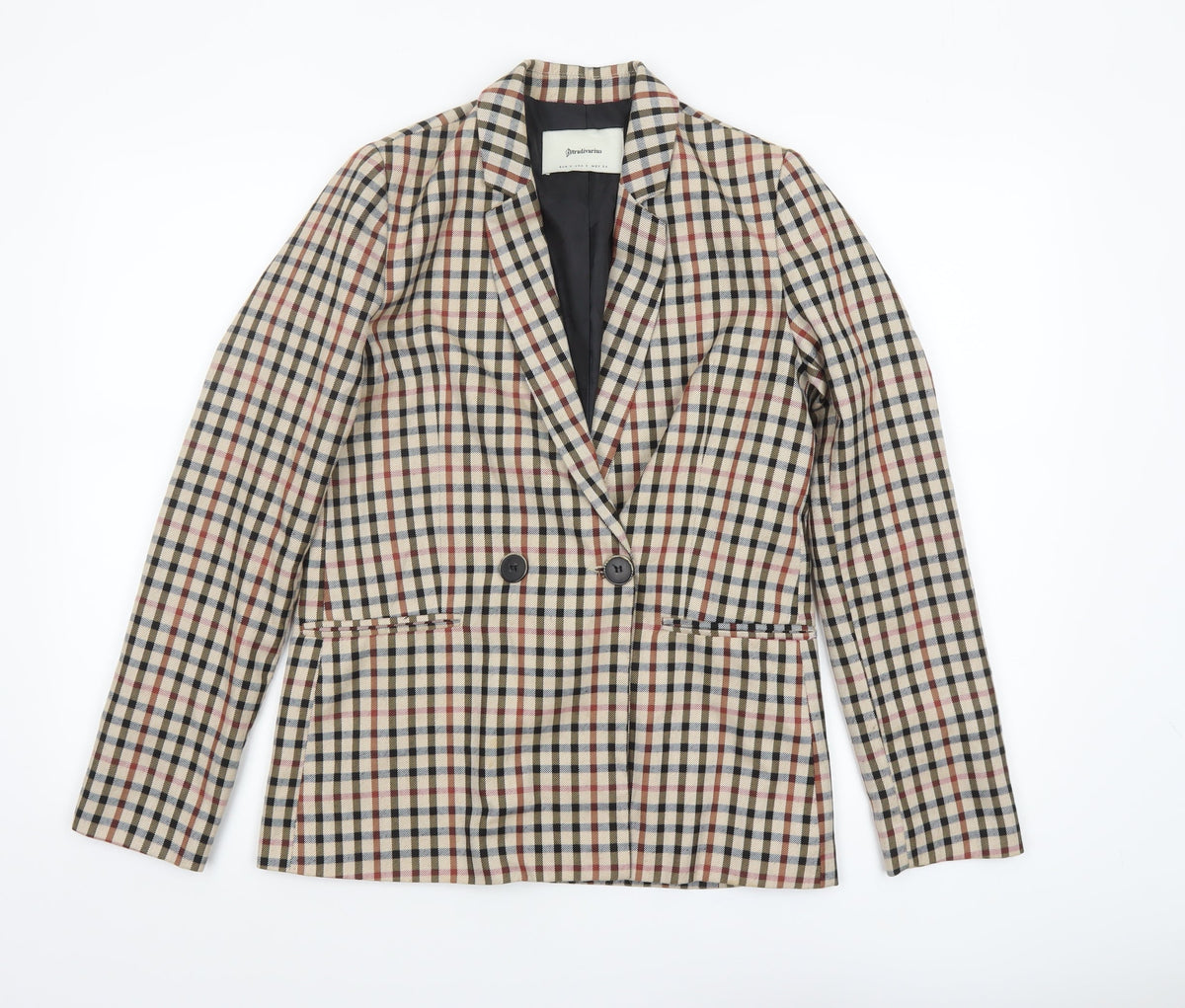 Stradivarius Women Beige Check Double-Breasted Blazer Size S