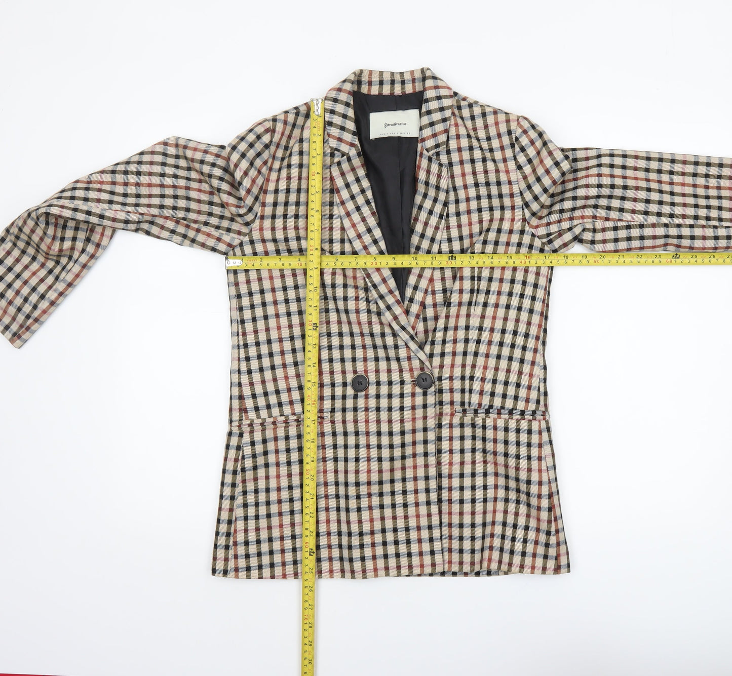 Stradivarius Women Beige Check Double-Breasted Blazer Size S