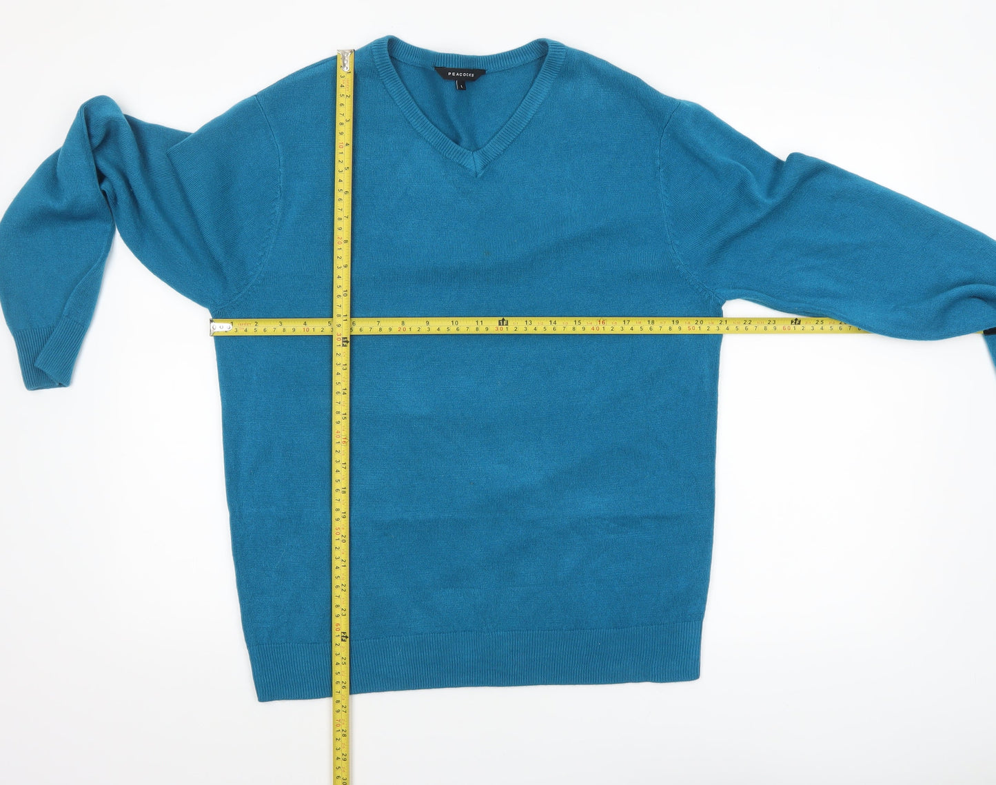 Peacocks Women's Blue V-Neck Acrylic Knit Jumper Size L