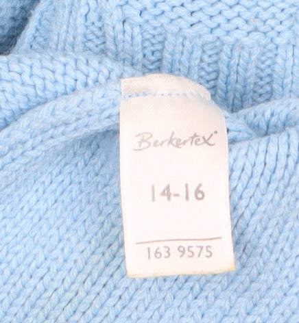 Berkertex Women’s Blue Mock Neck Cable-Knit Jumper Size 14-16