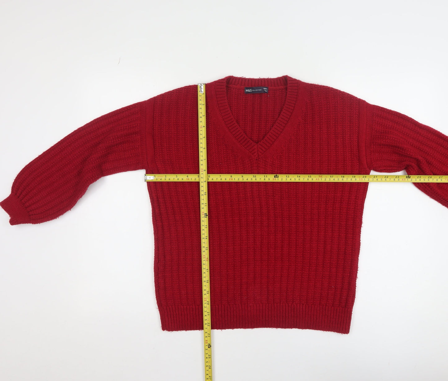 Marks and Spencer Women Red Chunky-Knit V-Neck Pullover Jumper Size S