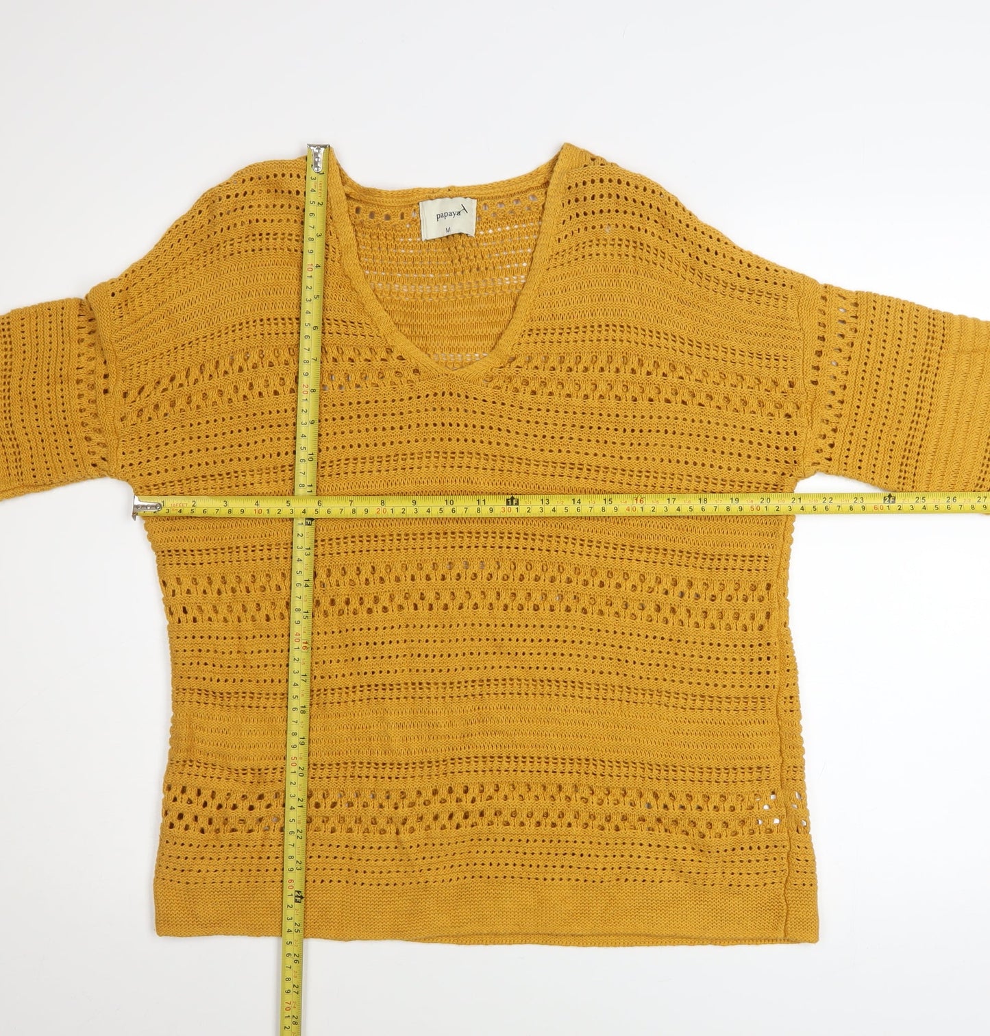 Papaya Women’s Yellow Open Knit Cotton Jumper V-Neck 3/4 Sleeve Medium